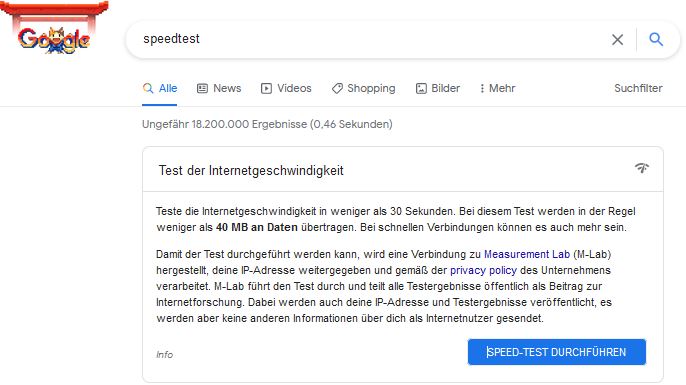 Test der Internetgeschwindigkeit in Google